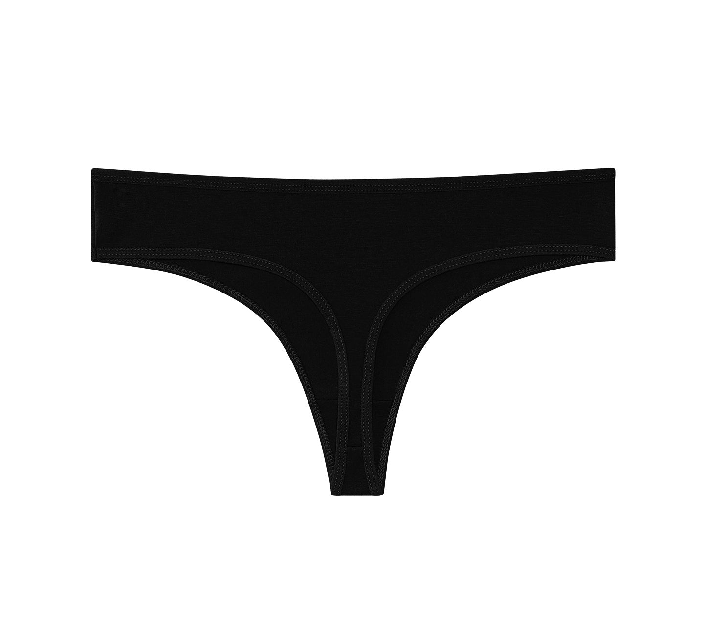 Comfortable women’s cotton thong underwear 6-pack in black. Breathable, soft, no-show design perfect for everyday wear