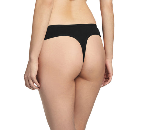 Comfortable women’s cotton thong underwear 6-pack in black. Breathable, soft, no-show design perfect for everyday wear